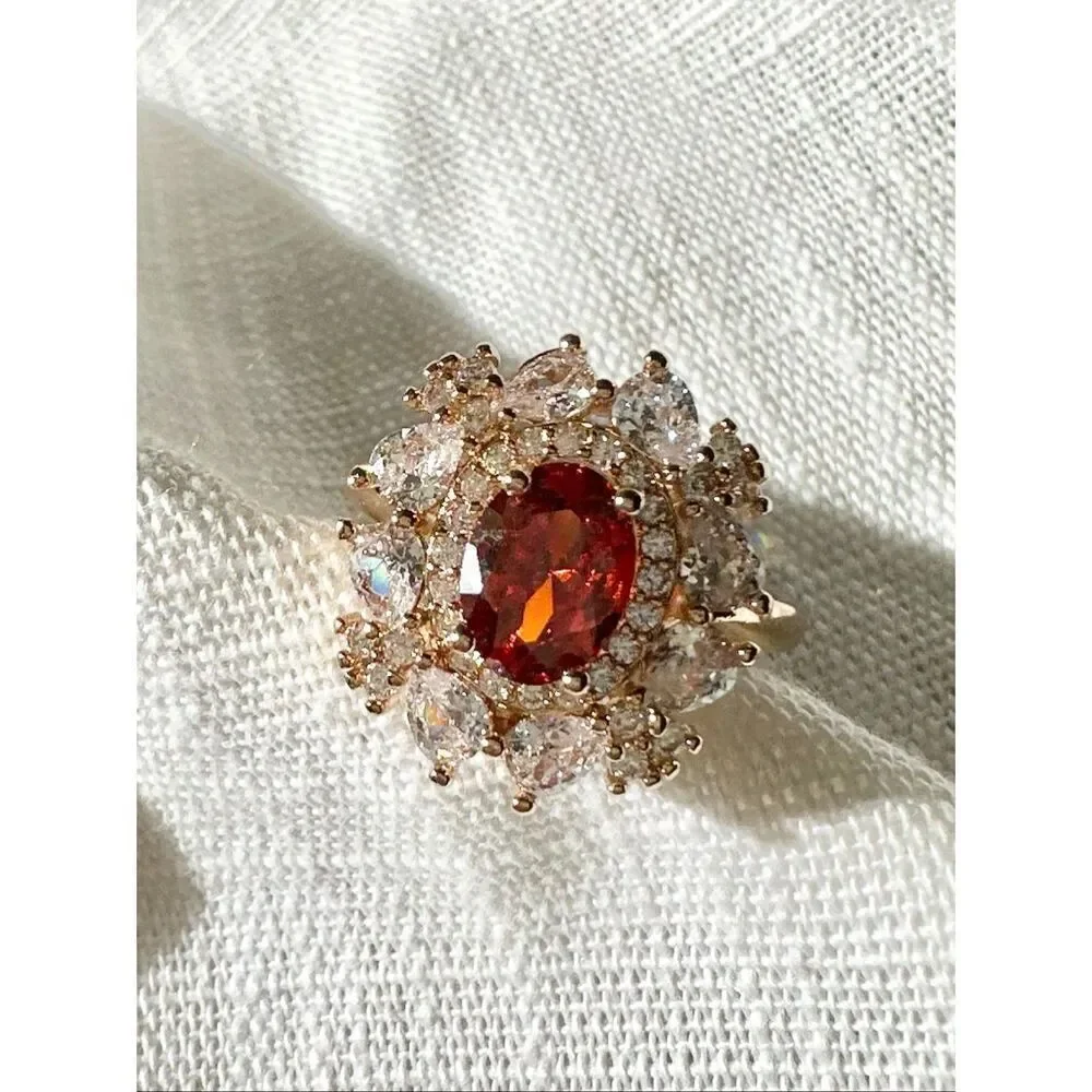 Burnt red oval cut cubic zirconia cocktail ring